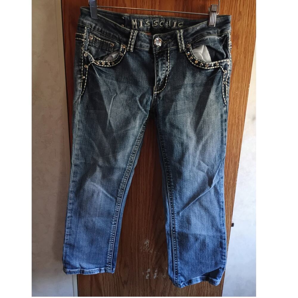Miss Chic Y2K Bling Pocket Capri Jeans Rhinestone Studded Low Rise 2000s Sz 9